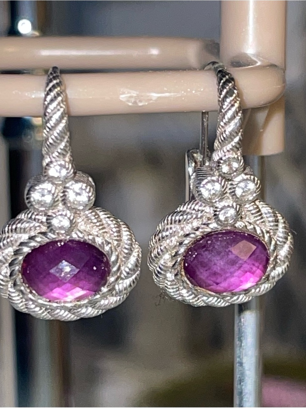 Judith Ripka Raspberry Purple Doublet Lever Back Sterling Silver Earrings